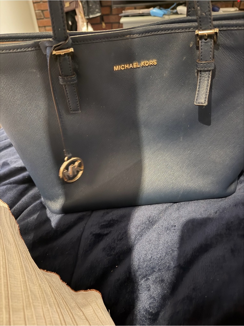 Michael Kors Navy Saffiano Tote with Gold Hardware